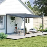 10’x12’ Wall-Mounted Hardtop Gazebo Pergola – Permanent Lean-to Outdoor Shelter – Grey Metal Patio Cover for Backyard, Garden 2