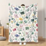 Cozy Watercolor Book & Wildflower Print Blanket - Soft, Warm Flannel Throw for Naps, Camping, Travel, and Home Decor - Perfect G 2