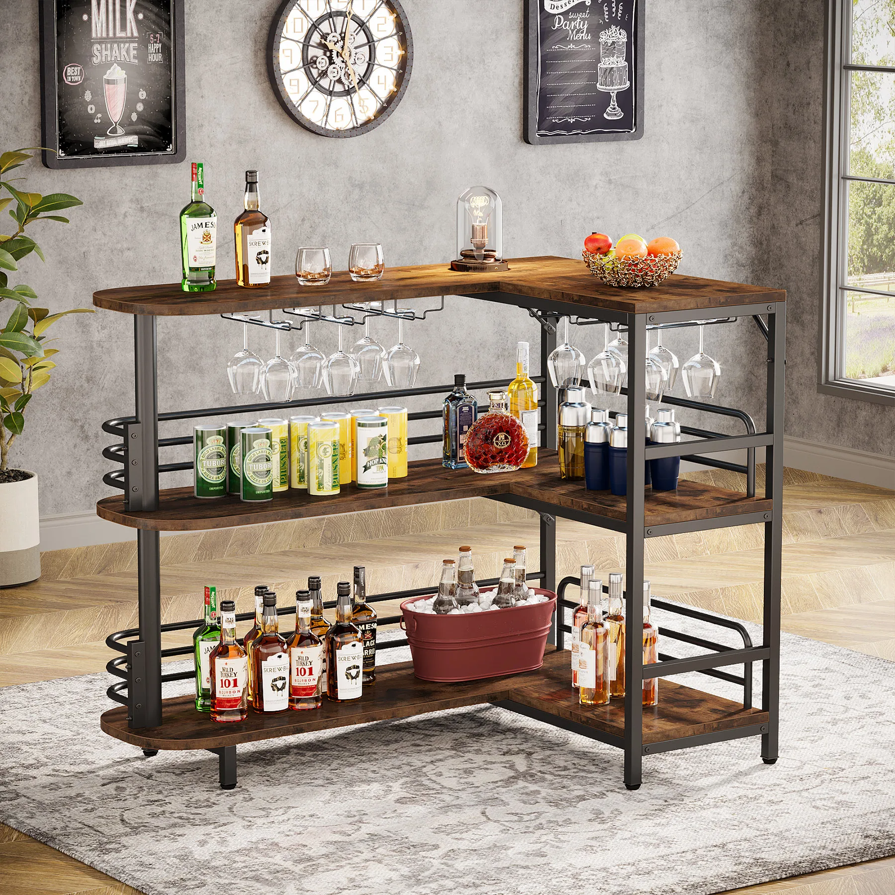 Tribesigns L-Shaped Home Bar Unit 3-Tier Liquor Bar Table with Storage Shelves And Wine Glass Holder for Kitchen Living Room Tribesigns L-Shaped Home Bar Unit 3-Tier Liquor Bar Table with Storage Shelves And Wine Glass Holder for Kitchen Living Room