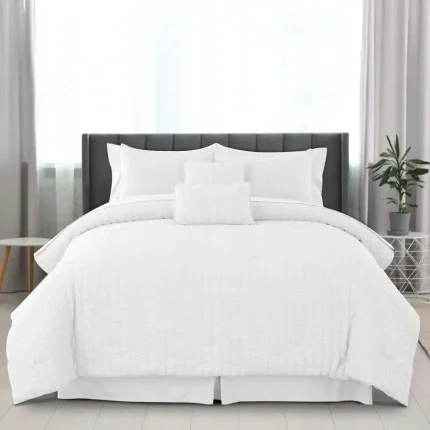 10-Piece White Seersucker Comforter Set with Box Stitch Design - All-Season Lightweight Bedding