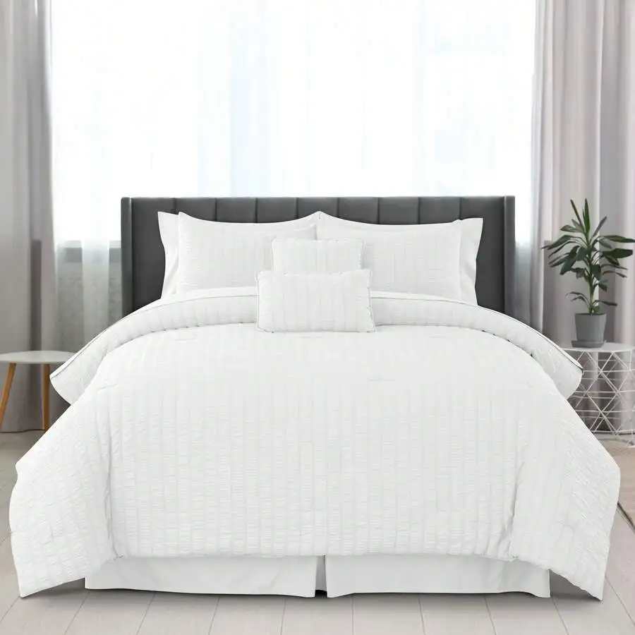 10-Piece White Seersucker Comforter Set with Box Stitch Design - All-Season Lightweight Bedding 10-Piece White Seersucker Comforter Set with Box Stitch Design - All-Season Lightweight Bedding