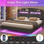 Bed Frame, with Type-C Charging Station& Hidden Storage Headboard, King RGB Floating Platform Bed, Bed Frame 4