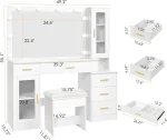 49.2" Large Vanity Desk with Mirror and Lights,White Makeup Vanity Table with Glass Top,Stool,Makeup Desk with Power Outlet 5