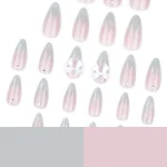 24pcs Sweet Cat Eye French Press on Nails Diamond-Pointed Three Dimensional Bow Knot Wearable Nail For Women&Girl Almond Nail 4