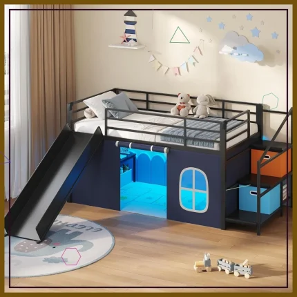 Low Loft Bed with Slide, Storage Stairway, LED Lights, Twin Size Metal Frame, Under-Bed Play Space & Art Table