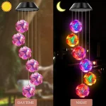 1pc Solar Powered Color Changing Pink Embroidered Ball Flower Wind Chime Light Waterproof Outdoor Night Light Hanging Solar Lamp 2