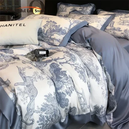Soft Silky Skin Friendl natural Eucalyptus Fiber Lyocell Bedding Set Forest Plants Leopard Duvet Cover Set Bed Sheet Pillowcases