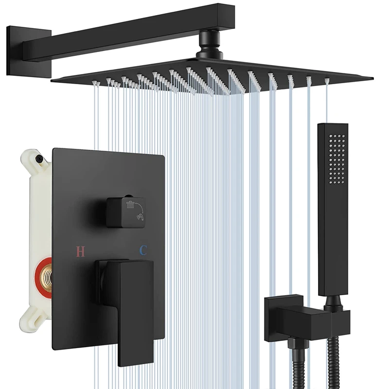 Black Concealed Shower System Rain Waterfall Bathroom Embedded Shower Faucet Set with Tub Spout Black Concealed Shower System Rain Waterfall Bathroom Embedded Shower Faucet Set with Tub Spout