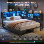 DICTAC Full Corner Bed Frame with Bookcase Storage and Led Lights Metal Platform Bed Frame with 2 Drawers and Charging Station F 4