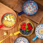 Bohemian Ceramic Hand-Painted Embossed Patterned Salad Bowl with Handle Kitchen Bakeware Microwave & Oven Safe 1 pc 3