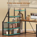 Twin Size Metal Loft Bed with L-Shape Desk, Wardrobe, Storage Stairs, 3 Drawers, LED Lights, Charging Station, Rustic Brown 4