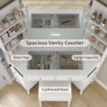 Corner Vanity Desk with Speaker 8 Drawers and 6 Shelves Modern Vanity with Mirror and Lights Makeup Vanity with Glass Top 3 Col 4