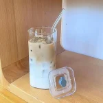 1pcs Square Heat Resistant Coffee Glass Cup With Lid and Straw Transparent Milk Tea Juice Cups Coffee Mug For Home Bar Drinkware 3