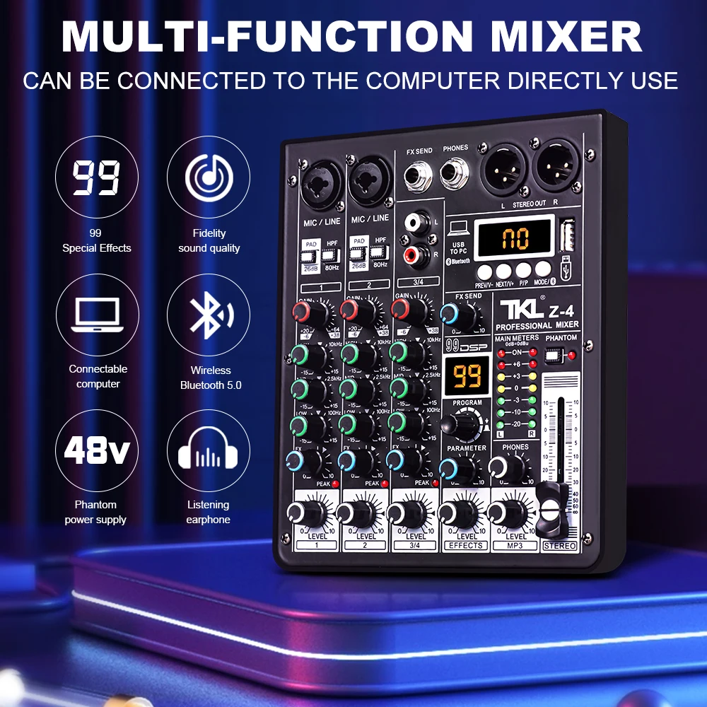 TKL 4 Channel 99 DSP Audio Mixer 48V Phantom Power USB Studio Sound Mixers Bluetooth DJ Console Mixing for Karaok TKL 4 Channel 99 DSP Audio Mixer 48V Phantom Power USB Studio Sound Mixers Bluetooth DJ Console Mixing for Karaok