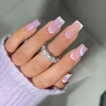 24Pcs Short Square Coffin False Nails Square Fake Nails with Glue French Glitter Wearable Acrylic Nails Set Press on Nail Tips 2