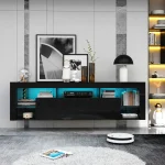 63" Floating TV Stand for 60" TV, LED TV Cabinet w/Power Outlets, Storage and Shelf, Modern High Gloss Media Console Table 2