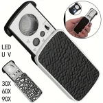 Portable Triplex Magnification Loupe 30X-90X-Slide-Out LED/UV Lighted Jewelry Magnifier for Precision Gemology & Micro-Engraving