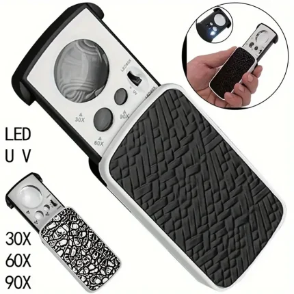Portable Triplex Magnification Loupe 30X-90X-Slide-Out LED/UV Lighted Jewelry Magnifier for Precision Gemology & Micro-Engraving