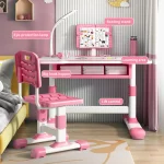 Kids Study Desk Chair Set Height Adjustable Children Writing Table with Reading Stand LED Table Light Bedroom Kid Learning Table 2