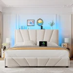 Velvet Headboard and LED Lights， Storage Headboard Platform Bed with Charging Station，King Size Bed Frame 2