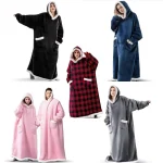 150/180cm Winter Thick Blanket Extra Plush Hoodie Lengthened Large Pocket Imitation Cashmere Home Coat Fleece TV Blanket 1pc 3