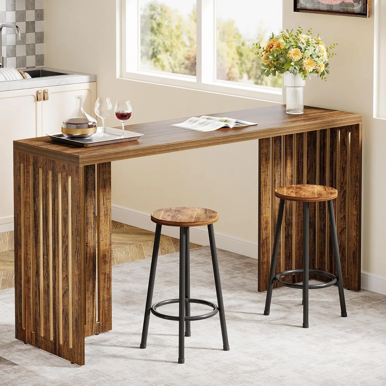 LITTLE TREE Bar Table, 63-Inch Counter Height Pub Table, Industrial Bar Height Table, Rectangular High Top Dining Counter Tables LITTLE TREE Bar Table, 63-Inch Counter Height Pub Table, Industrial Bar Height Table, Rectangular High Top Dining Counter Tables