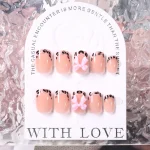 24Pcs Gold Ripple Brown Flowers False Nails with Rhinestones Pearl Design Wearable Almond False Nails Full Cover Press on Nails 5