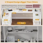 Loft Bed Full Size with U-Shaped Desk, 6 Storage Drawers, Power Outlet, LED Metal Loft Bed with 2 Storage Shelves,White 4