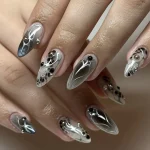 24Pcs False Nails Spicy Girl Silver Bow with Diamond Fake Nails with Glue Almond Press on Nails Black Cool Y2k Almond Nail Set 6