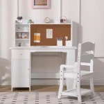 Kids Desk, Study Desk and Chair Set for Boys and Girl, Wooden Kids Writing Table with Bookshelf, Bulletin Board, Cabinet and Dra 2