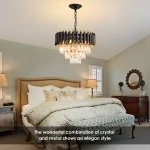 Black and Gold Crystal Chandelier Pendant Light Fixture Flush Mount Ceiling Lighting 3 Tiers Modern Crystal Chandeliers 6