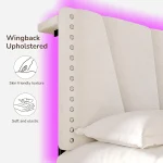 Velvet Headboard and LED Lights， Storage Headboard Platform Bed with Charging Station，King Size Bed Frame 5