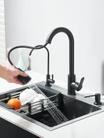 55x45cm Multi-functional Kitchen Sink With Retractable Faucet, Soap Dispenser,Drinking Water Tap Black Stainless Steel Sink 4