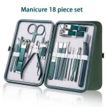 Green 6-18 Pcs Manicure Set With Leather Case Professional Foot And Face Care Tool Kits Stainless Steel Nail Clipper Sets Gift 2
