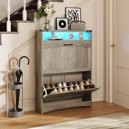 Rustic Gray Shoe Storage Cabinet, Slim Hidden Shoe Rack Organizer Cabinet, with 2 Flip Drawers & Open Storage & RGB Ligh