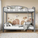 Metal Loft Bed Bunk Beds Twin Over Full Size with Heightened Safety Guardrail & Ladder, for School, Bedroom, Twin Size Grey 3