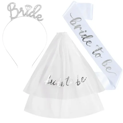 Bridal Party Set Of 3 Accessories Bride Sash With Tiara And Veil For Bachelorette Wedding Shower Decorations