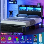 Full/Queen Size Bed Frame with Storage Headboard, Metal Platform Bed Frame with Storage Drawers, LED Lights and Charging Station 2