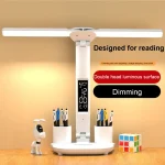 LED Table Lamp Double-Headed USB Chargeable Dimmable Desk Lamp with Calendar Clock Foldable Eye Protection Reading Night Light 2
