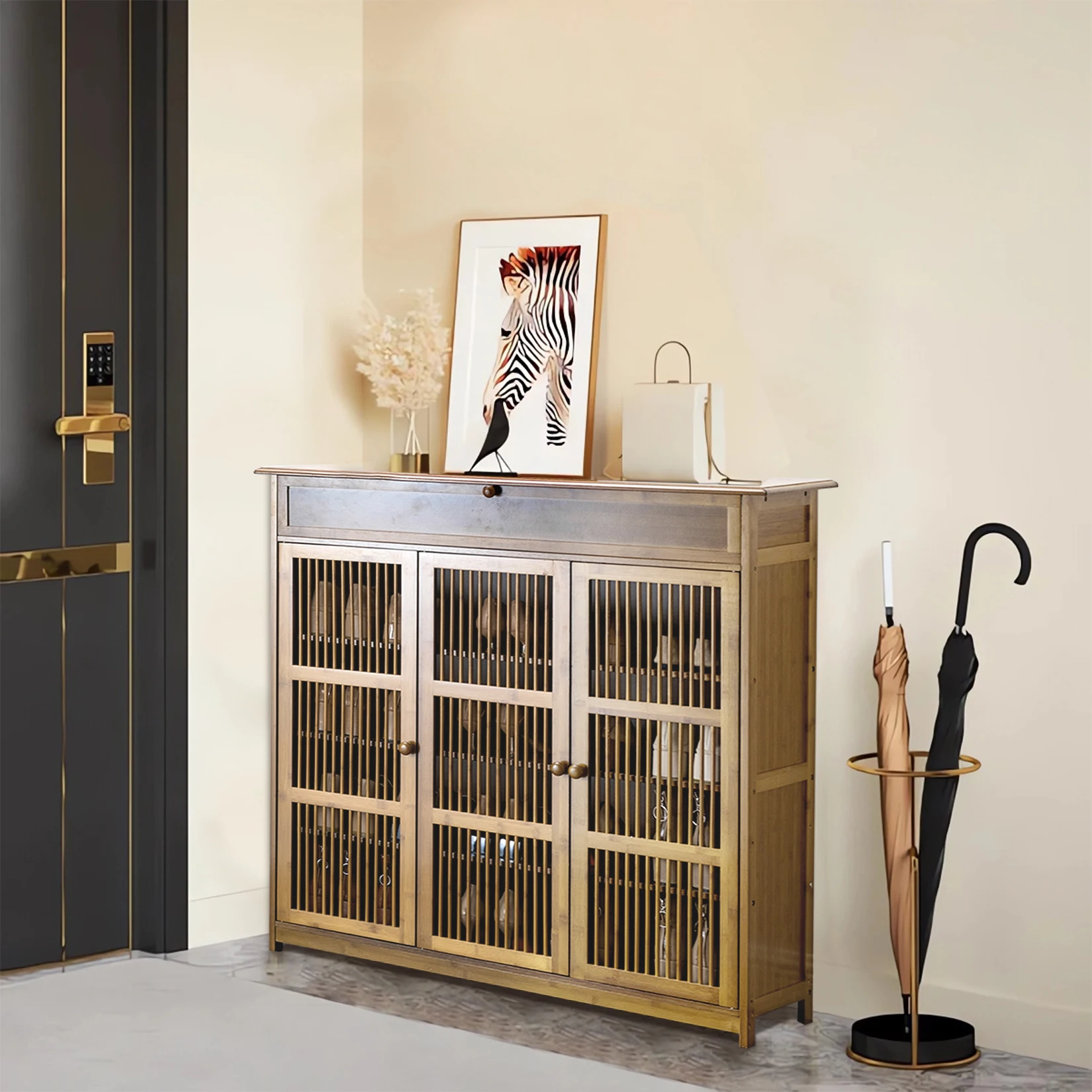 4 Tier Bamboo Shoe Storage Cabinet Wooden Shoes Rack with 3 Hollow Doors 4 Tier Bamboo Shoe Storage Cabinet Wooden Shoes Rack with 3 Hollow Doors