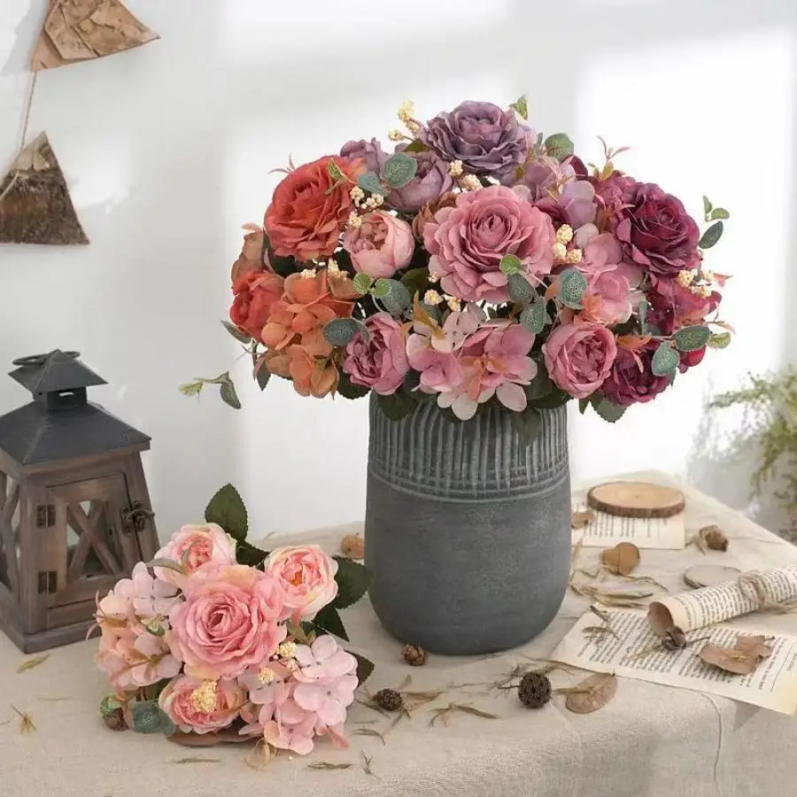 Artificial Flowers Retro Silk Rose Bouquet Hydrangea Peony Vintage Bride Holding Fake Plants Home Wedding Decoration Accessories Artificial Flowers Retro Silk Rose Bouquet Hydrangea Peony Vintage Bride Holding Fake Plants Home Wedding Decoration Accessories