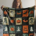 1 Vintage Halloween Flannel Throw Blanket - Cozy & Soft with Pumpkin,, and Bat Motifs, Perfect for Couch, Bed, Car, Office, Camp 3