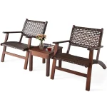 3 Pieces Patio Conversation Set, Solid Eucalyptus Wood Frame Outdoor Wicker Furniture Set Bistro Set with Coffee Table, Rattan F