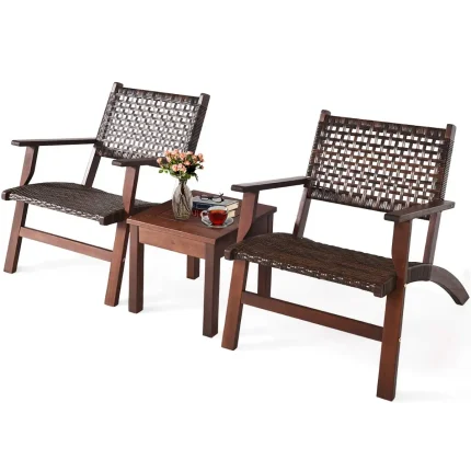 3 Pieces Patio Conversation Set, Solid Eucalyptus Wood Frame Outdoor Wicker Furniture Set Bistro Set with Coffee Table, Rattan F