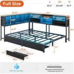 DICTAC Full Corner Bed Frame with Bookcase Storage and Led Lights Metal Platform Bed Frame with 2 Drawers and Charging Station F 2