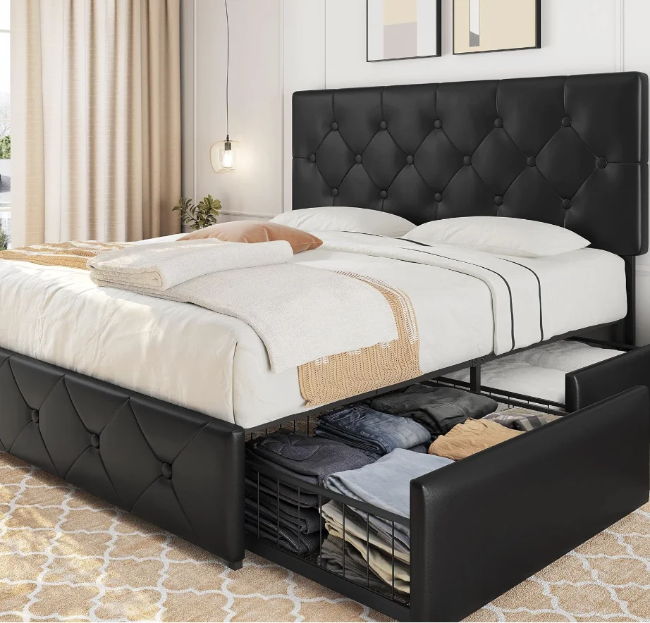 Queen Size Upholstered Bed Frame with 4 Drawers and Adjustable Headboard, Faux Leather Platform Bed with Mattress Foundation St Queen Size Upholstered Bed Frame with 4 Drawers and Adjustable Headboard, Faux Leather Platform Bed with Mattress Foundation St