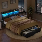 Full/Queen Size Bed Frame with Storage Headboard, Metal Platform Bed Frame with Storage Drawers, LED Lights and Charging Station 3