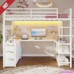 Loft Bed Full Size with U-Shaped Desk, 6 Storage Drawers, Power Outlet, LED Metal Loft Bed with 2 Storage Shelves,White 2