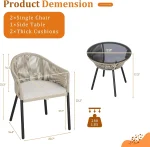 Patio Furniture Set 3 Pcs Rope Woven Bistro Set Outdoor Conversation Set with 2 Wide Chairs,Cushions and Tempered Glass Table 6