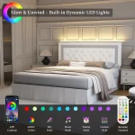 SIBEDS Queen Bed Frame with LED Lights, Adjustable Headboard, Tufted Linen Upholstery, Skirt, Wood Slats, Easy Assembly 2